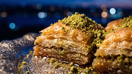 Pistachio Baklava on Silver Tray at Dusk
