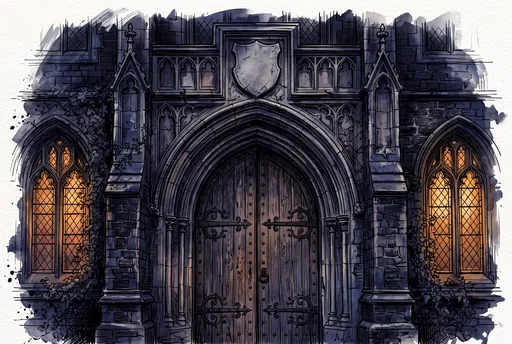 Gothic School Arched Doorway Ink Illustration