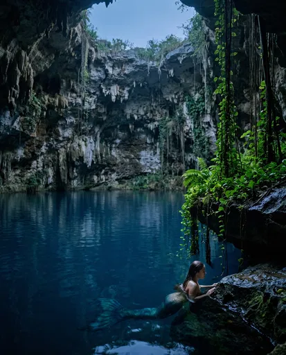 Mermaid Resting in Lush Limestone Cenote