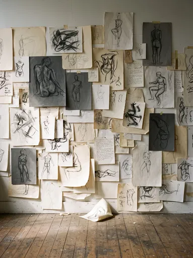 Charcoal Figure Sketches on Studio Wall