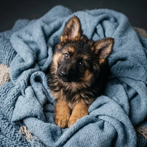 Fluffy German Shepherd Puppy in Blue Blankets