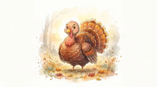 Watercolor Cartoon Turkey in Autumn Meadow