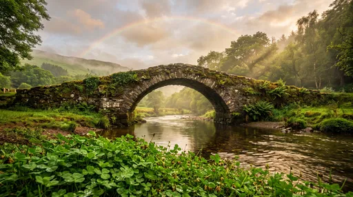 Ancient Stone Bridge Under Rainbow in Lush Valley
