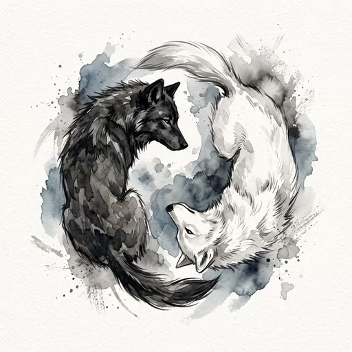 Watercolor Yin-Yang Black and White Wolves
