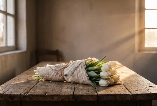 Linen Wrapped White Tulips on Table