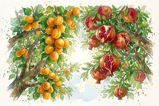 Watercolor Apricot and Pomegranate Branches
