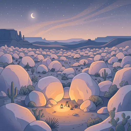 Desert Boulder Field Campsite at Night