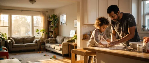 Father and Toddler Baking Together at Home