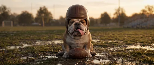 Bulldog in Vintage Leather Football Helmet