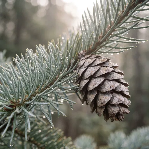 Dewy Conifer Branch and Weathered Pinecone