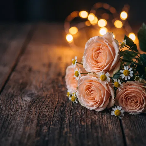 Peach Roses and Chamomile on Wood