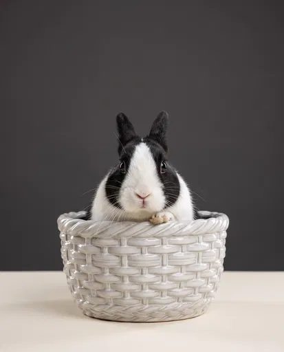 Black and White Rabbit in Ceramic Basket
