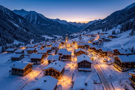 Snowy Alpine Village at Blue Hour