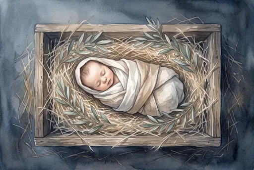 Watercolor Baby Jesus in Wooden Manger