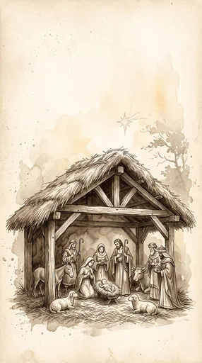 Sepia Watercolor Christmas Nativity Scene Illustration