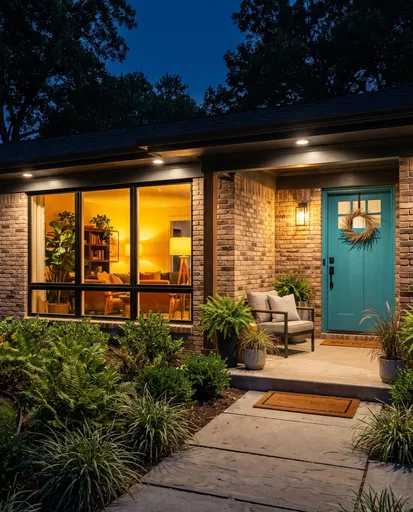 Renovated Brick Ranch House Porch at Twilight