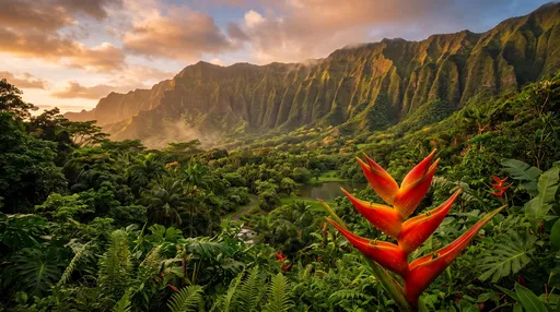 Heliconia Flower Overlooking Lush Hawaiian Mountain Valley