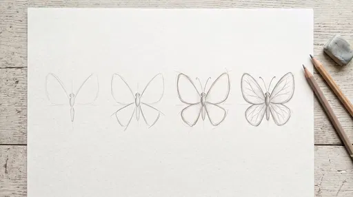 Four-Step Butterfly Pencil Drawing Sequence
