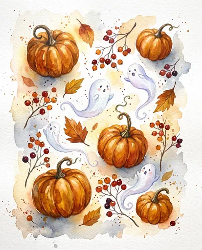Watercolor Pumpkins, Ghosts, and Autumn Berries