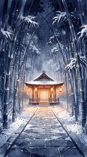 Snowy Bamboo Forest Pavilion Watercolor Illustration
