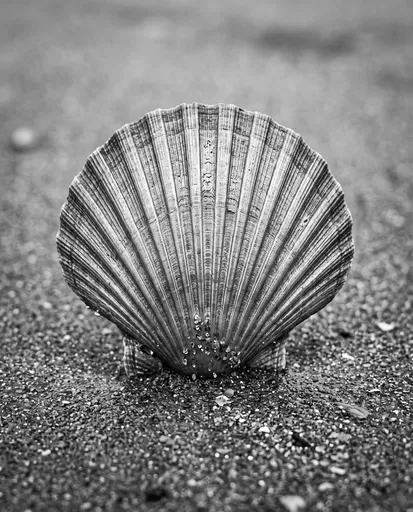 Monochrome Scallop Shell Upright in Sand