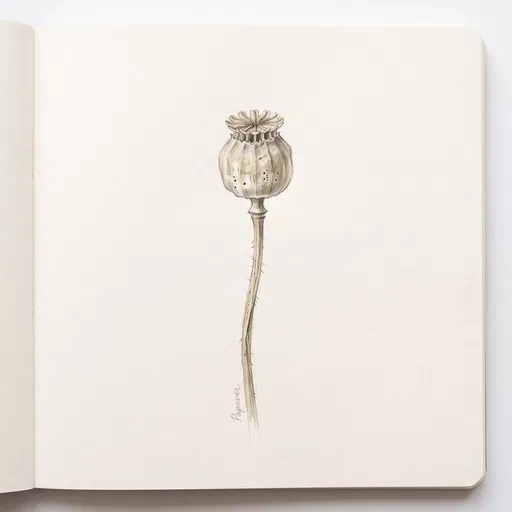 Botanical Sketch of Dried Poppy Seed Pod
