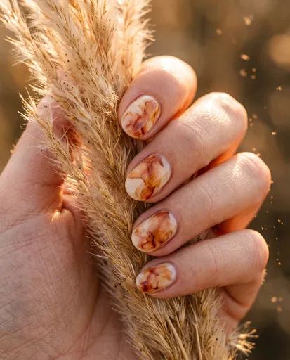 Earthy Marbled Nail Art With Pampas Grass