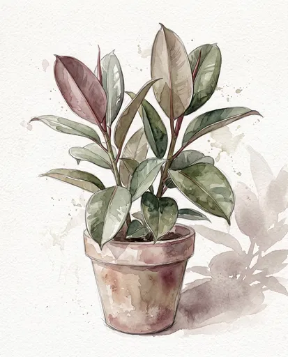 Watercolor Illustration of Potted Rubber Plant