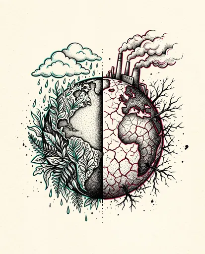 Split Earth Climate Change Ink Illustration