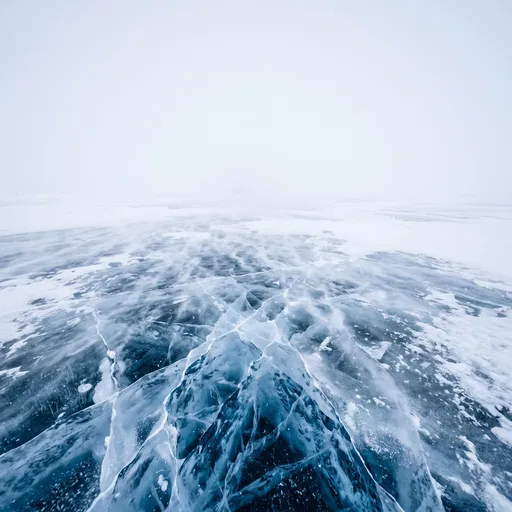 Cracked Blue Ice in Whiteout Fog