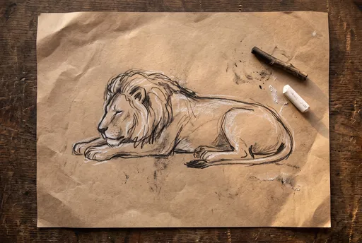 Charcoal and Chalk Lion Sketch on Paper
