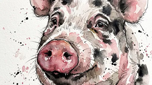 Watercolor and Ink Spotted Pig Portrait