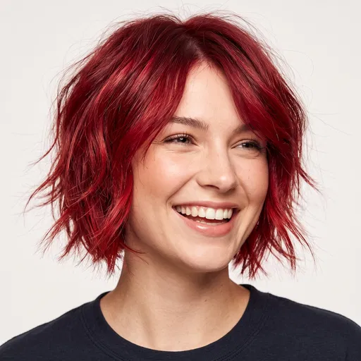 Smiling Woman With Vibrant Red Bob Haircut