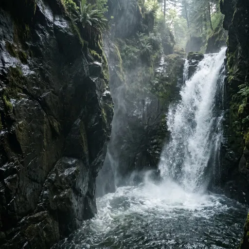 Misty Canyon Waterfall and Dark Rock Wall