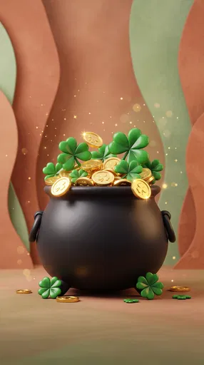3D Cauldron With Gold and Clovers