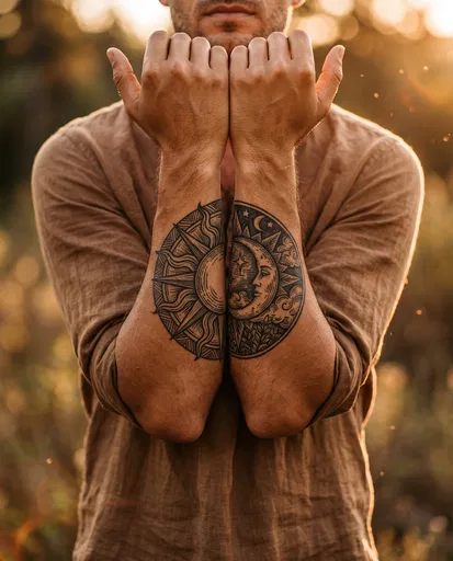 Man Showing Sun and Moon Forearm Tattoos