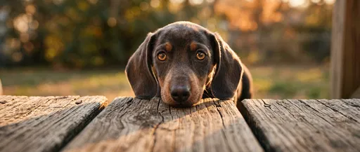 Dachshund Puppy Resting on Wooden Porch