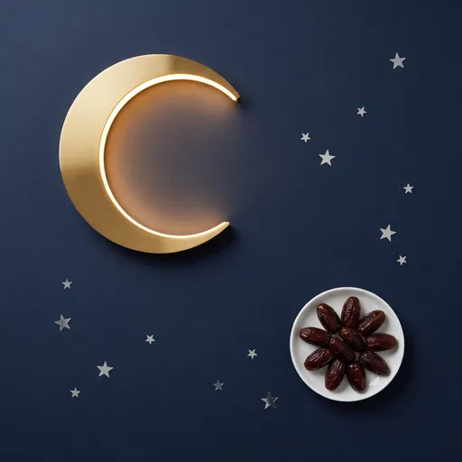 Golden Crescent Light and Dates Flat Lay