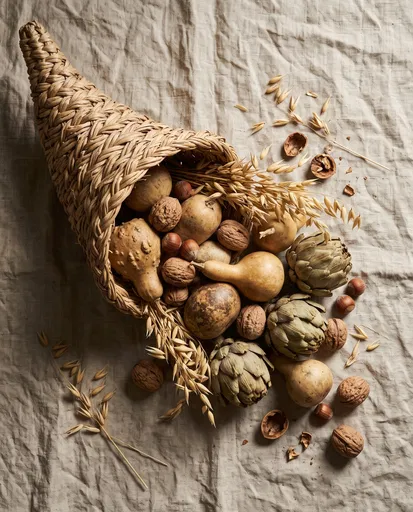 Woven Cornucopia With Dried Autumn Harvest