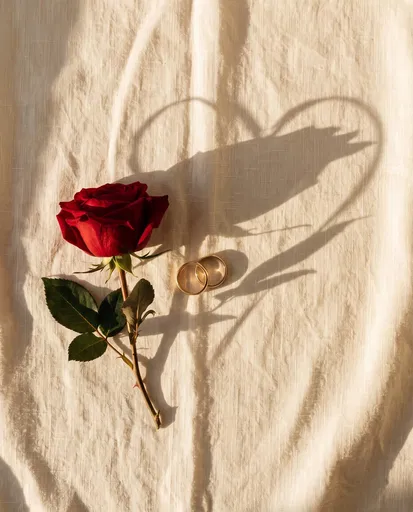 Red Rose and Rings with Heart Shadow