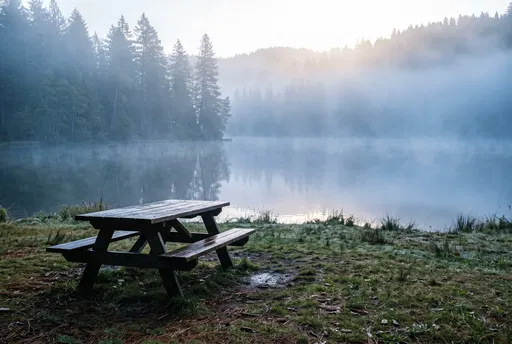 Misty Morning Lakeside Picnic Table