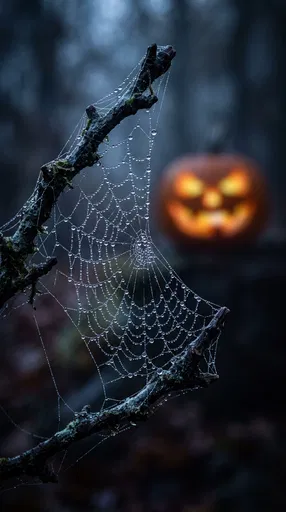 Dewy Spiderweb With Blurred Halloween Pumpkin