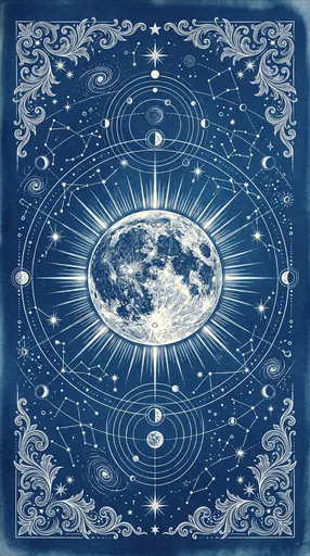 Cyanotype Full Moon Celestial Illustration