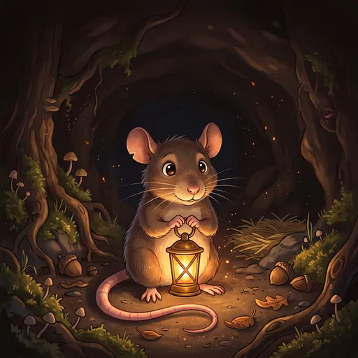 Cartoon Rat Holding Glowing Lantern in Burrow