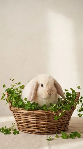 Cream Lop Rabbit in Basket with Clover