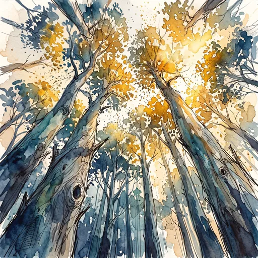 Watercolor Forest Canopy Looking Up
