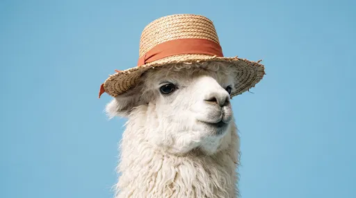 White Llama Wearing Straw Sun Hat