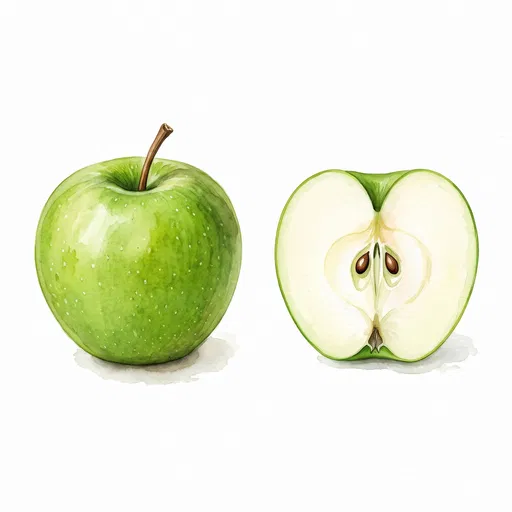 Watercolor Green Apple Whole and Halved
