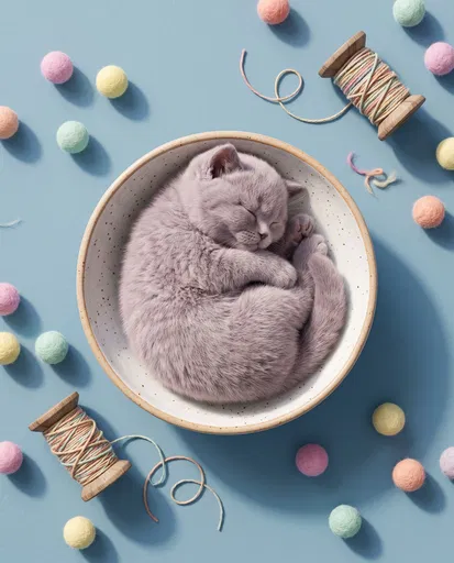 Sleeping Kitten in Ceramic Bowl Flat Lay