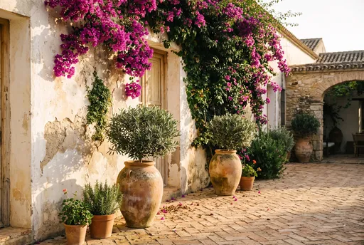 Sunlit Mediterranean Courtyard With Bougainvillea